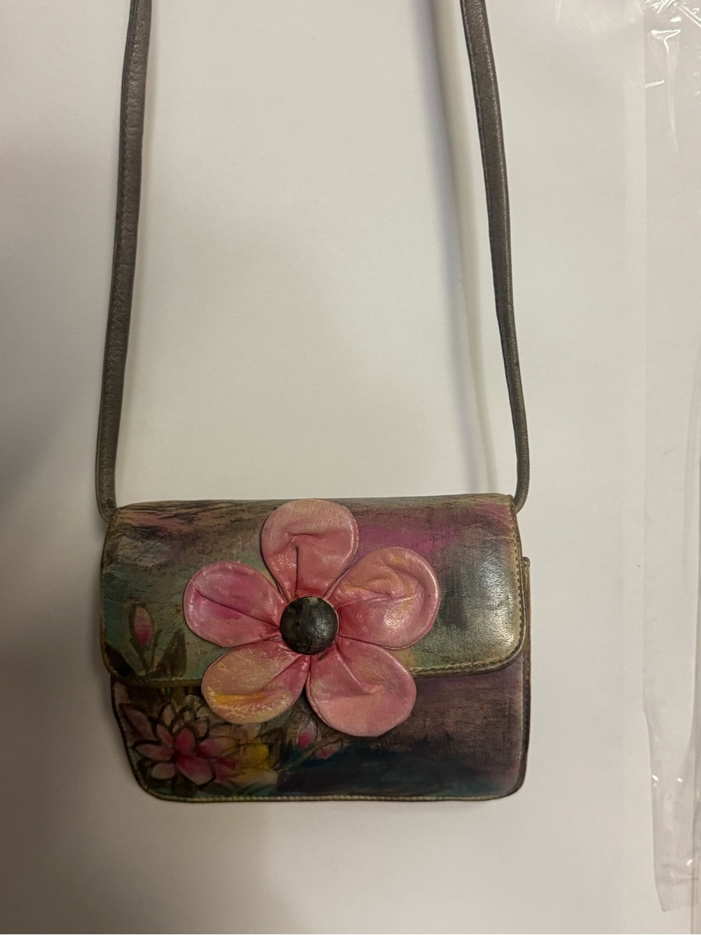 Anuschka Pink Floral Leather Crossbody with 3D Flower